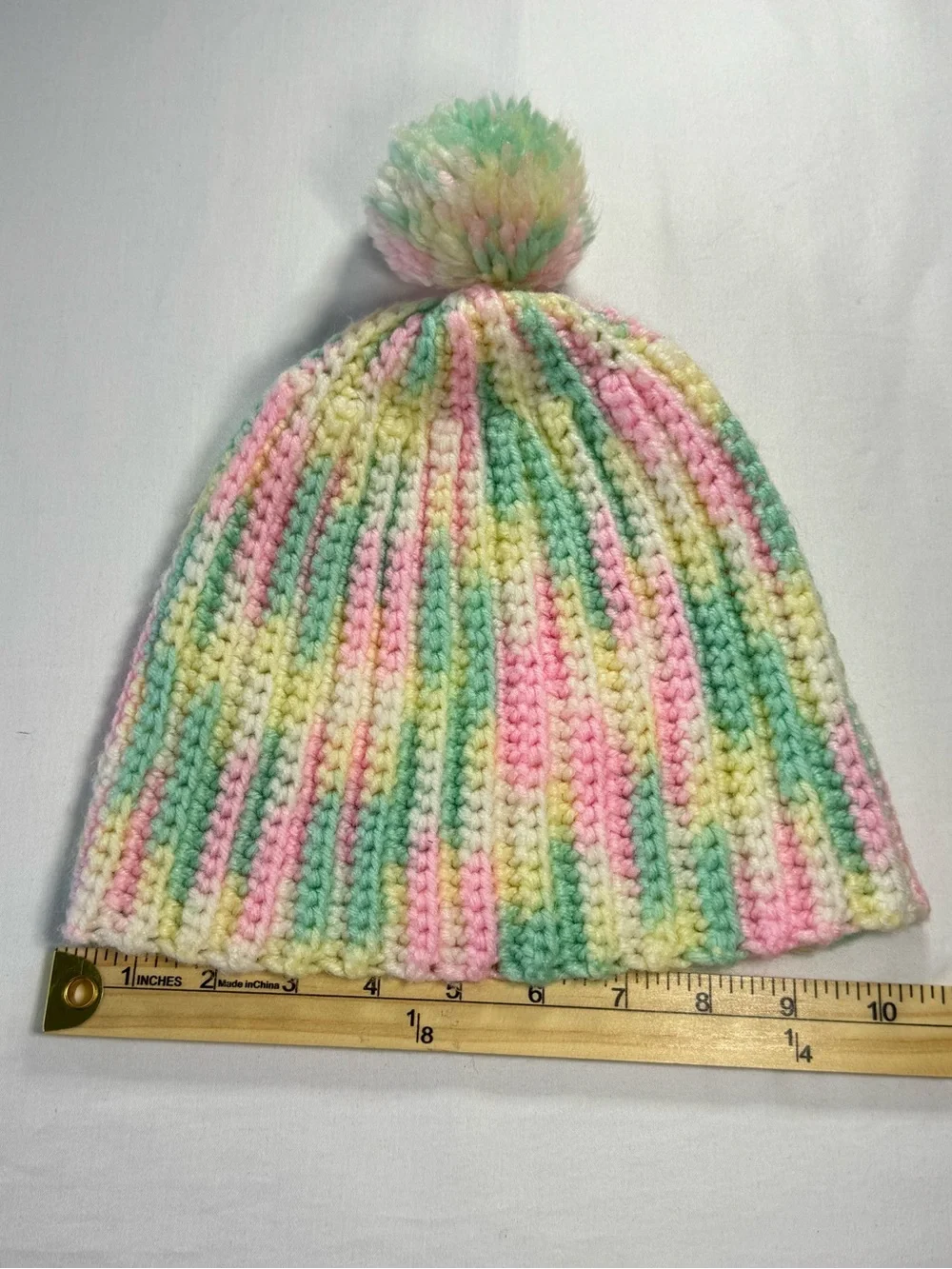Handmade Lot of 2 Crocheted Pastel Beanie Hats Pink Green Yellow White